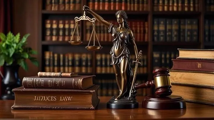 Una statua della giustizia con la bilancia, davanti a scaffali di volumi giuridici