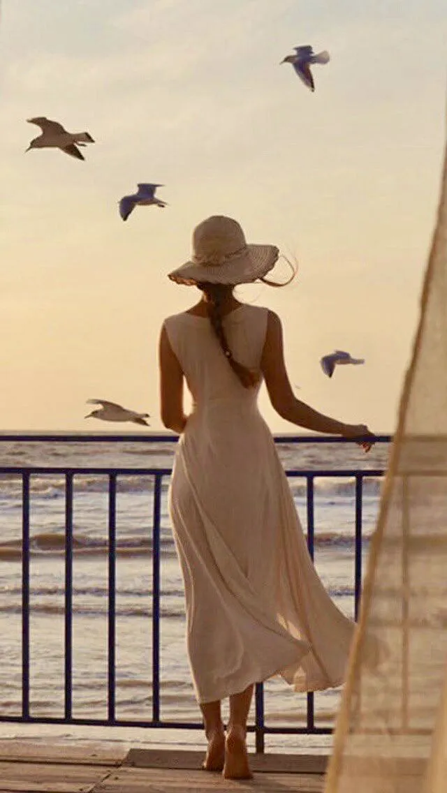Una donna di spalle davanti al mare, al tramonto, con i gabbiani in volo