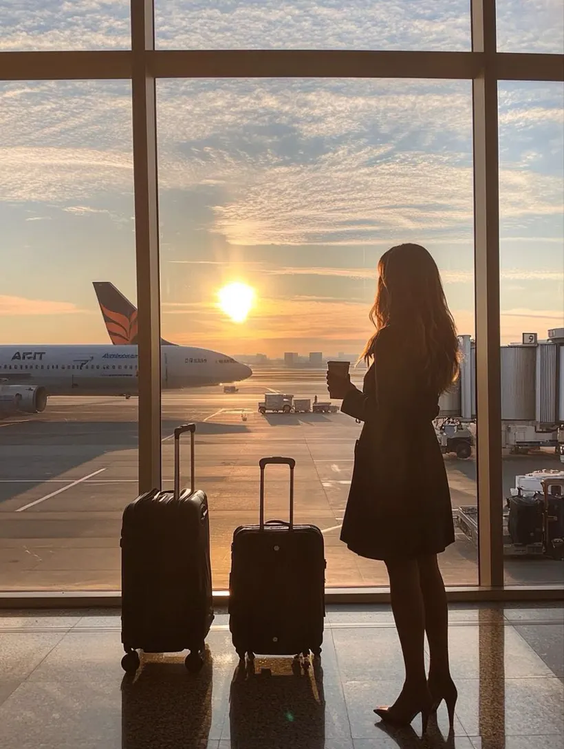Una donna di spalle guarda fuori da una grande vetrata, verso la luce del mattino