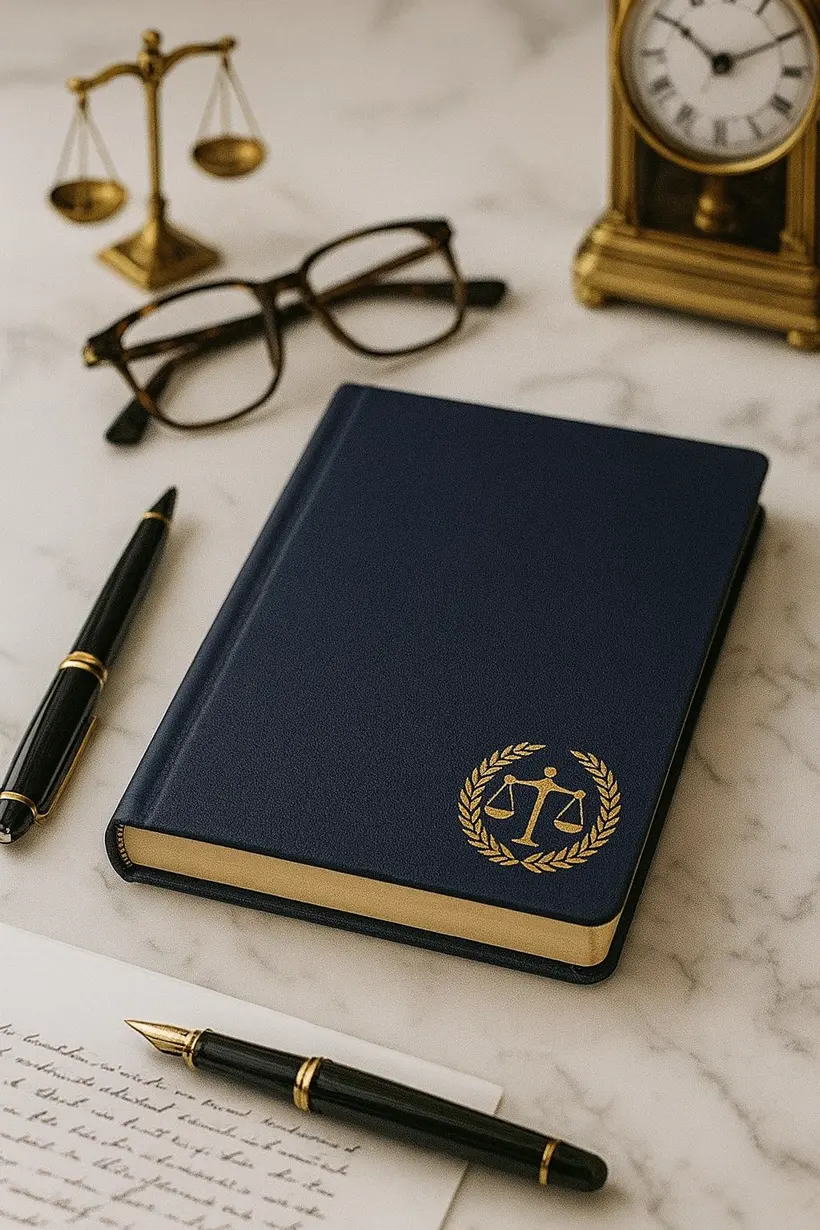 Un volume di diritto rilegato in blu su una scrivania, con occhiali, penne e un orologio